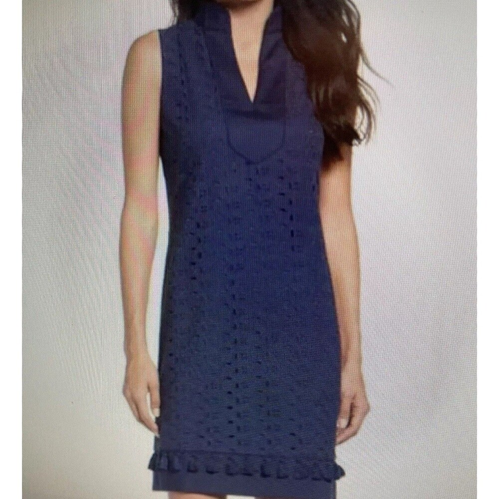 Eliza J Size 12 Navy Blue Eyelet Tassel Shift Split Mandarin Collar Sleeveless - Picture 1 of 14